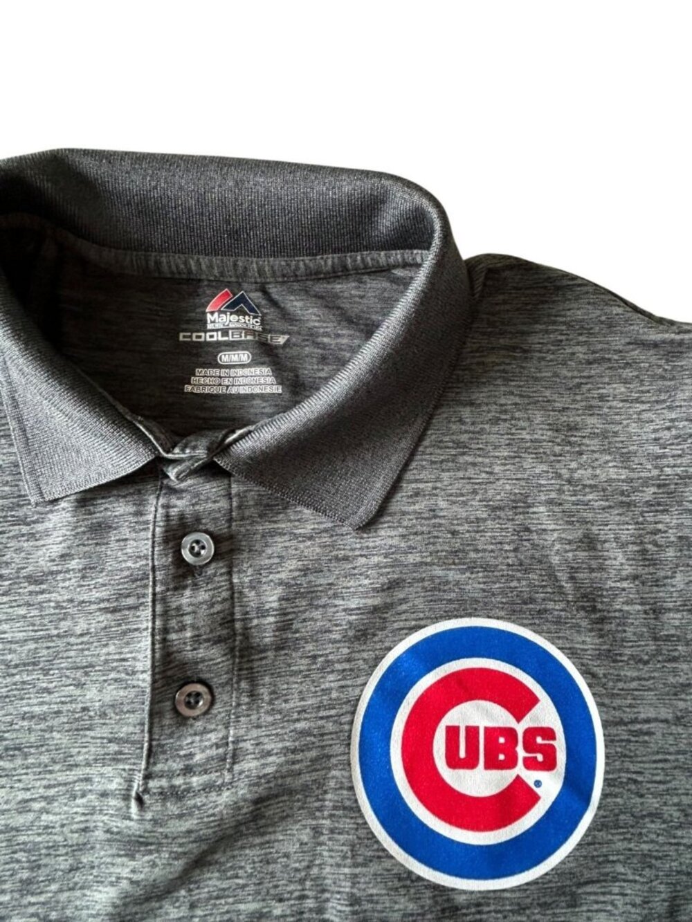 CUBS Baseball Majestic Cool Base Polo Shirt M Gray Blue Red Collar Chicago Cubs